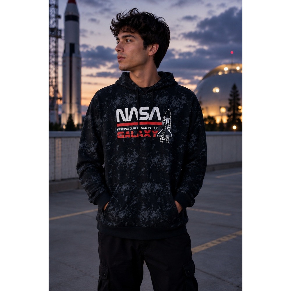 NASA Hybrid Apparel Mens Black Acid Wash Space Shuttle Galaxy‎ Hoodie M 2NAS1505